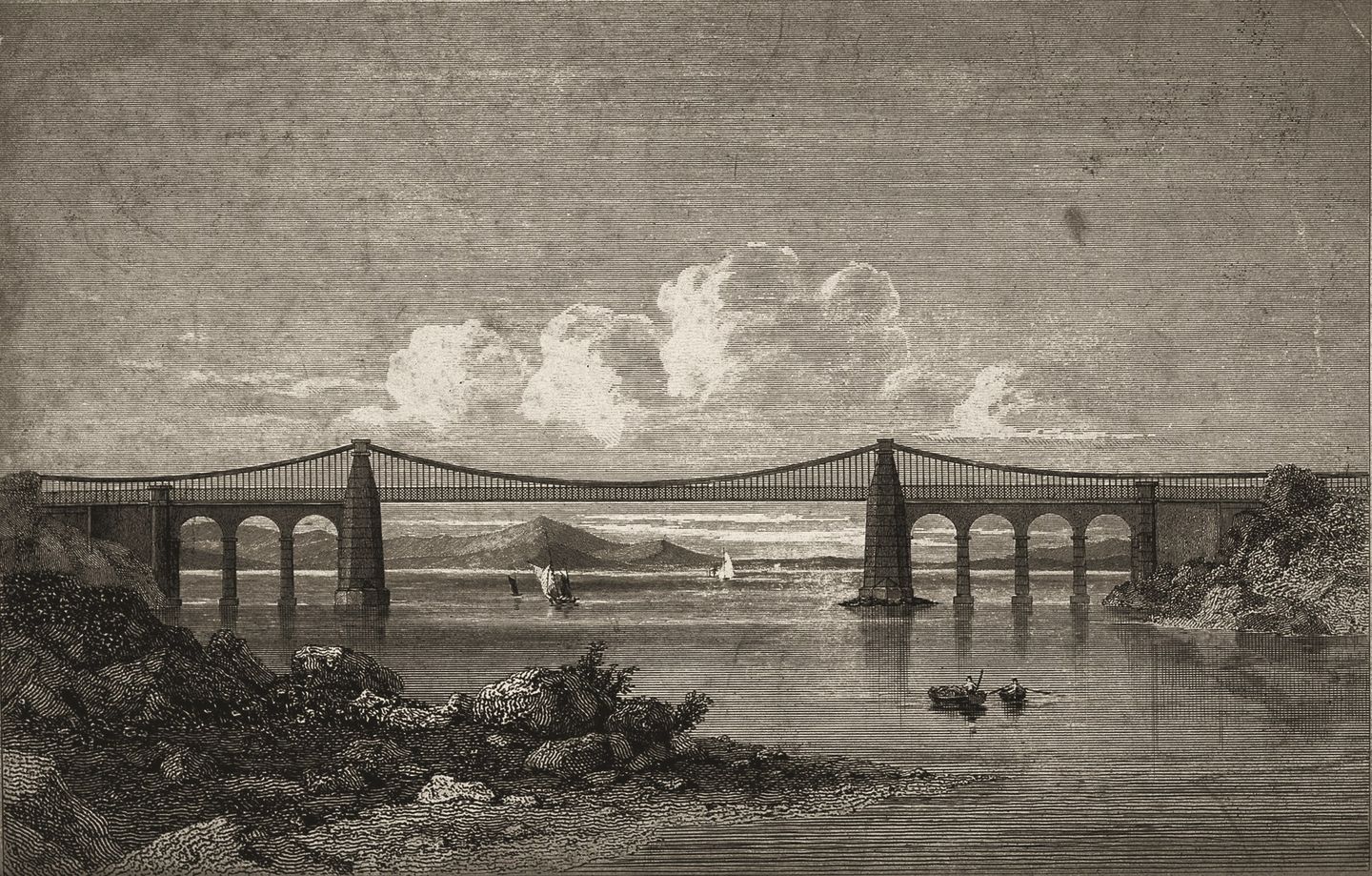 Engraving of the Menai Suspension Bridge, opened 1826